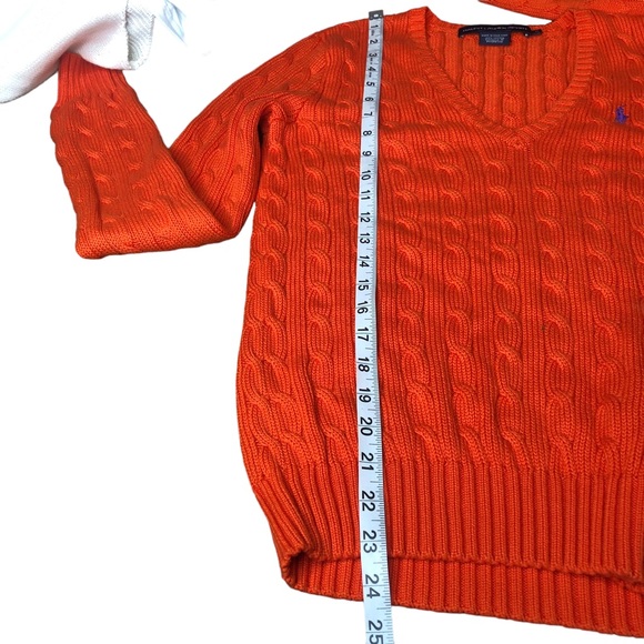 Vintage Ralph Lauren Sport Cable Knit Sweater Medium Orange V-Neck Pullover - Picture 7 of 9
